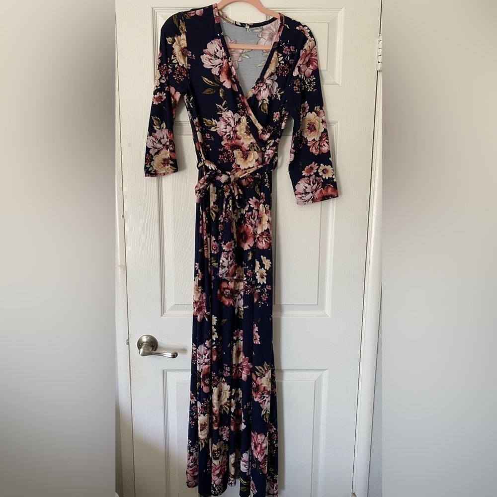 Mother Bee Maternity‎ Floral Blue Dress With Belt Size XL